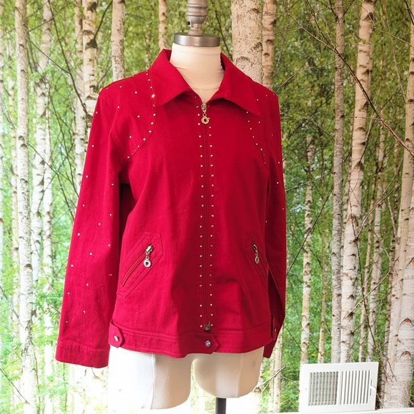 3/$15 Vintage 80s Red Jacket w Crystal Buttons, Rhinestones, & Shoulder Pads - Picture 7 of 10